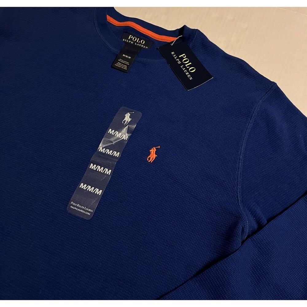 NWT Polo Ralph Lauren Waffle Thermal Long Sleeve Shirt MED Blue Orange Pony $45